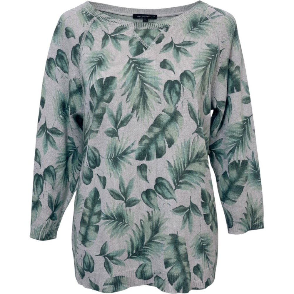 J.Jill Womens Sweater XS Green Palm Leaf Print Tropical Knit 3/4 Sleeve Top